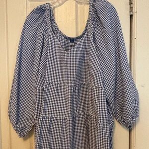 Blue Gingham Shirt with Puff Sleeves